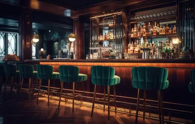 a bar with green bar stools in front of a bar at District at Riverside Apartments, Chattanooga