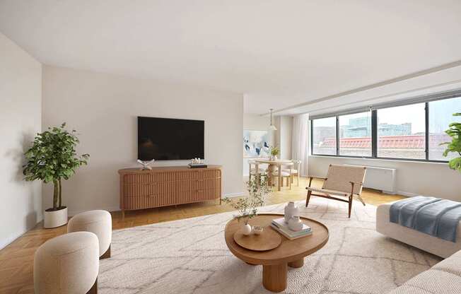 A living room with a flat screen TV, a sofa, a coffee table, and a potted plant.