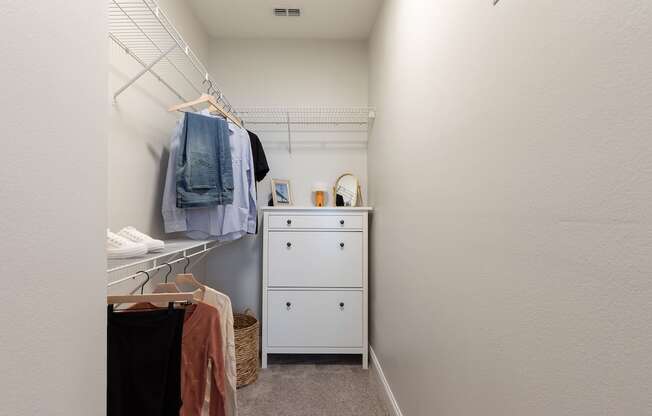 a walk in closet with clothes hanging on the wall and a dresser in it