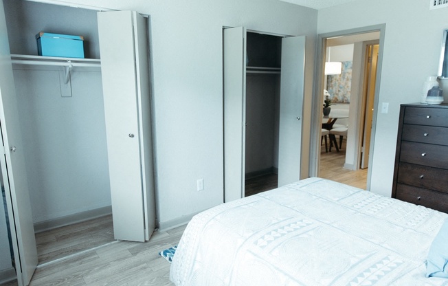 a bedroom with a bed and a closet and a dresser