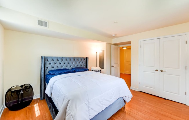 bedroom with bed, nightstand, large closet and view of bathroom at park vista apartments in washington dc