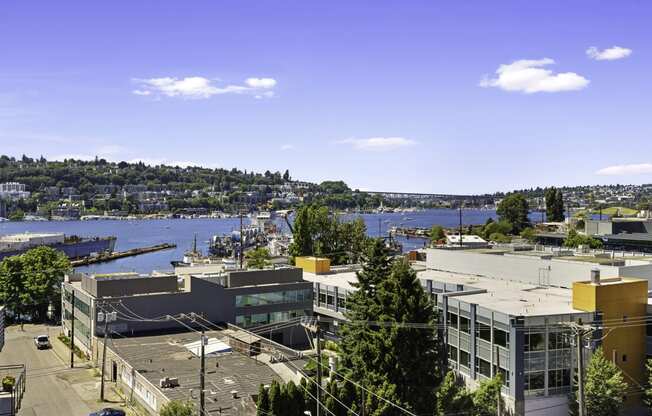 City view of Seattle with a Puget Sound in the background at Illumina Apartment Homes, Seattle, WA