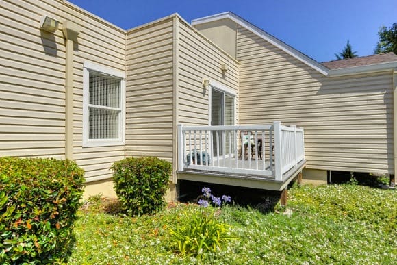 Private Patio with Grass, Bushes and Building Exterior