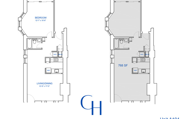 1 bed, 1 bath, 768 sqft, $1,884, Unit A-104