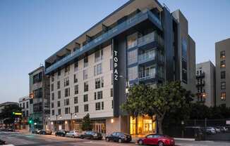 exterior of topaz apartment building in downtown los angeles