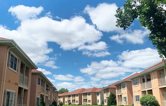 A row of apartment buildings with green lawns in front.