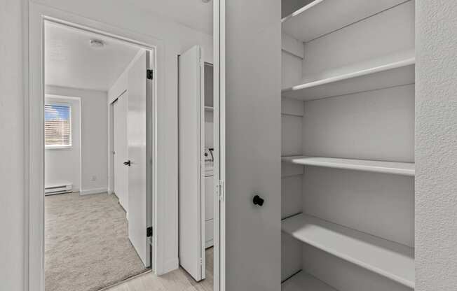 a walk in closet with shelves and a door to a bathroom