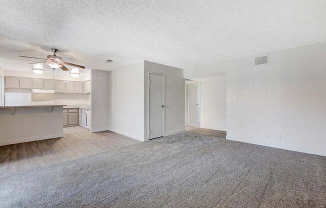 A room with a carpeted floor and a ceiling fan.