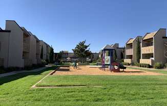 Center grass area with playground and pool in the back