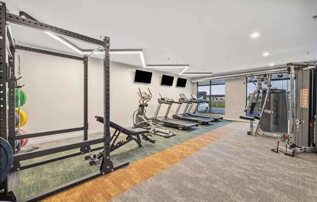 a gym with a row of weights machines and a wall of windows