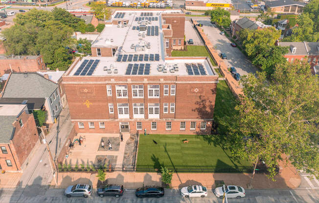 an aerial view of the administration building