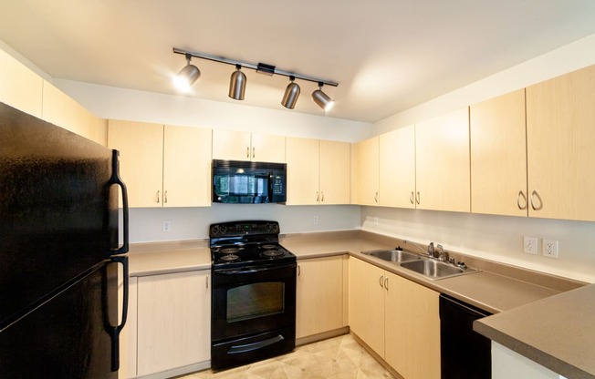 a kitchen with white cabinets and black appliances