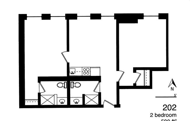 2 beds, 2 baths, 590 sqft, $715, Unit 202