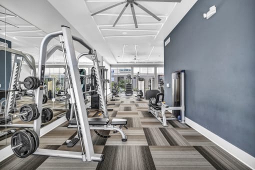 a gym with weights machines and mirrors on the floor