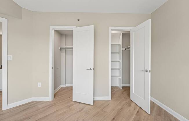 Ample storage with oversized closets featuring built-in shelving