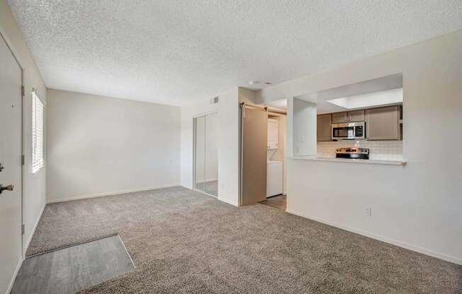 A spacious living room with a carpeted floor and a kitchen area in the background.