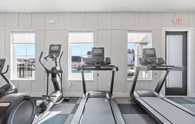 brand new cardio equipment in the fitness studio at Sanctuary at Indian Creek rental homes in Madison Huntsville, AL