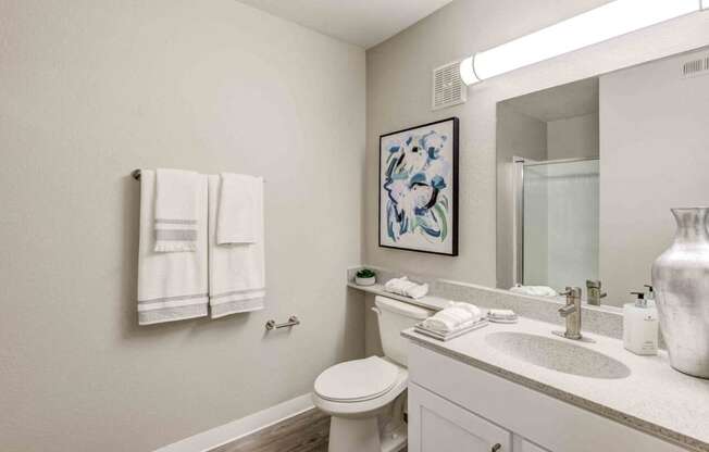 a white bathroom with a large mirror and a toilet and sink