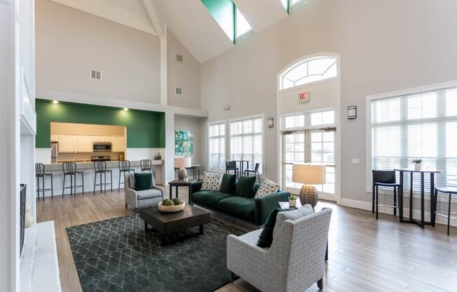 Resident lounge with fireplace at The Resort at The Resort At Lake Crossing Apartments, PRG Real Estate, Kentucky