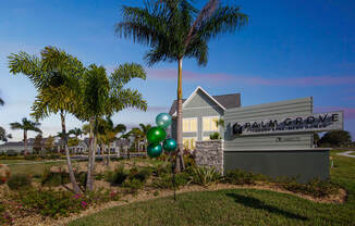 a building with palm trees and balloons in front of it  at Palm Grove, Ellenton