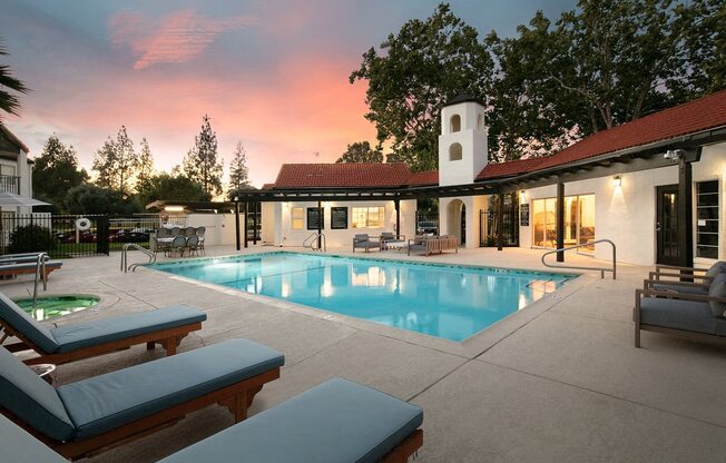 Big Sparkling Pool Surrounded by Comfortable Cushioned Lounge Chairs at Laurel Creek, Fairfield, 94533