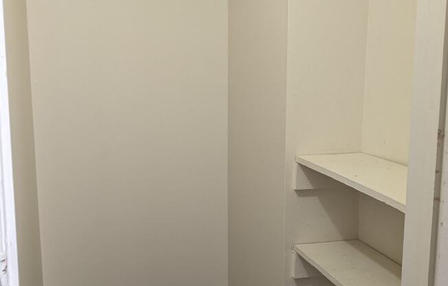 a walk in closet with shelves and a wood floor
