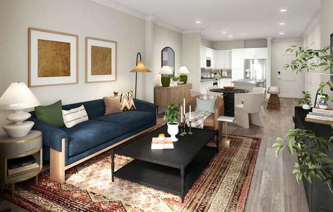 A living room with a blue couch and a coffee table.