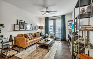 Nexus East Living Room with Private Patio and Hardwood Floors