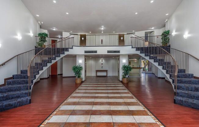 community room with two staircases