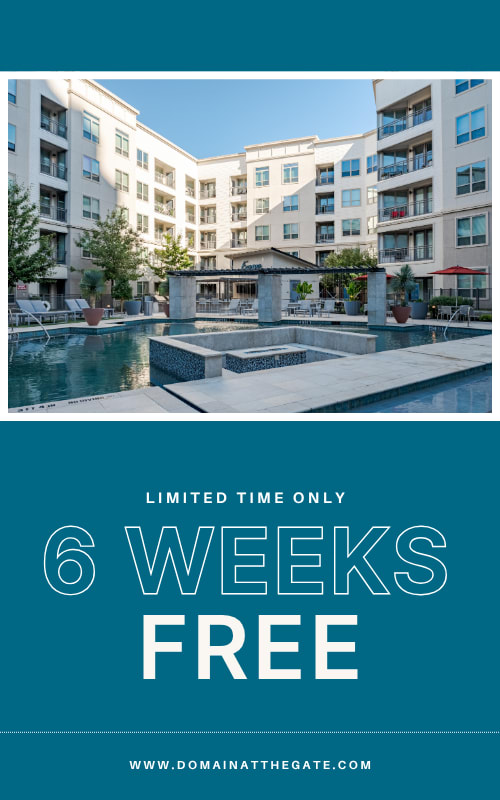 A pool area of a hotel with a sign offering 6 weeks free.