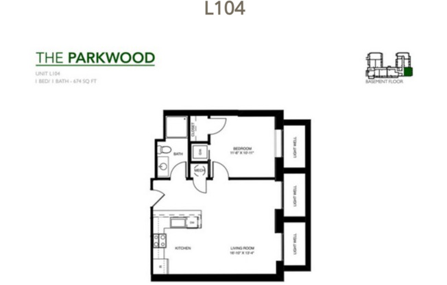 1 bed, 1 bath, 445 sqft, $1,400, Unit L104