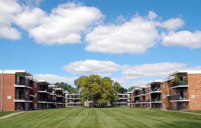 a grassy area between two rows of brick apartment buildings