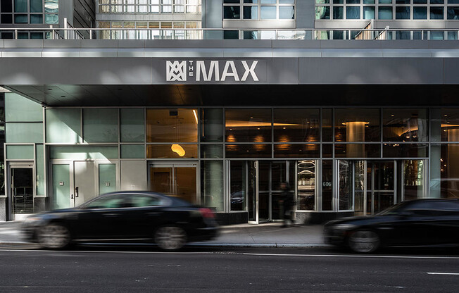 Now leasing at The Max apartments at 606 W 57th St, Exterior Entrance