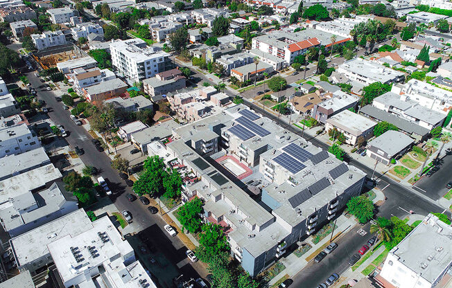 Overhead drone image of building located in Palms, CA just a few blocks away from Venice Blvd and Sony Pictures Studio.