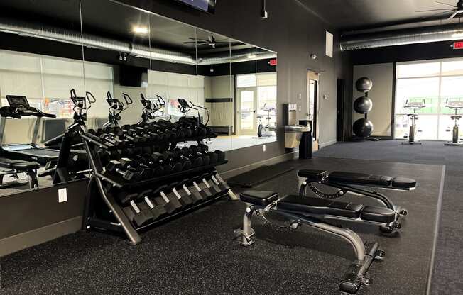 A gym with treadmills, elliptical machines, and a television.