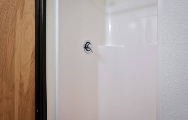 a shower in a small bathroom with a door open