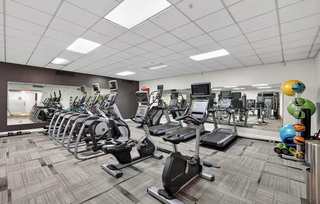 A gym with treadmills, exercise bikes, and other equipment.