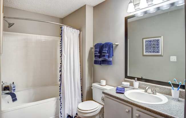 Staged bathroom with wood style flooring, gray walls, white vanity with granite style countertop, large vanity mirror, toilet, shower and tub with white tiles and white shower curtain.