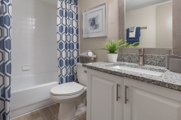 bathroom with large granite vanity, tile surround tub/shower and mirror with lighting at Preserve at Cedar River Apartments, Jacksonville, 32210