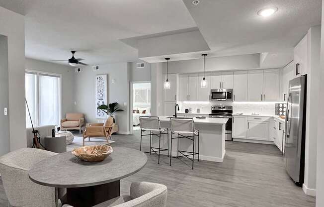 Dining room, kitchen and living room in model