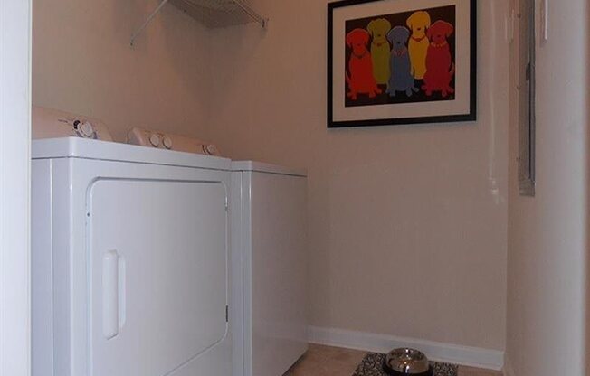 a washer and dryer in a room with a picture on the wall