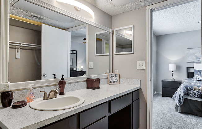 a bathroom with a sink and a large mirror at The Broadwater at Salado Creek, San Antonio, TX