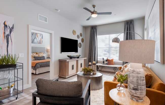 living room of an apartment at the cannery at packing district