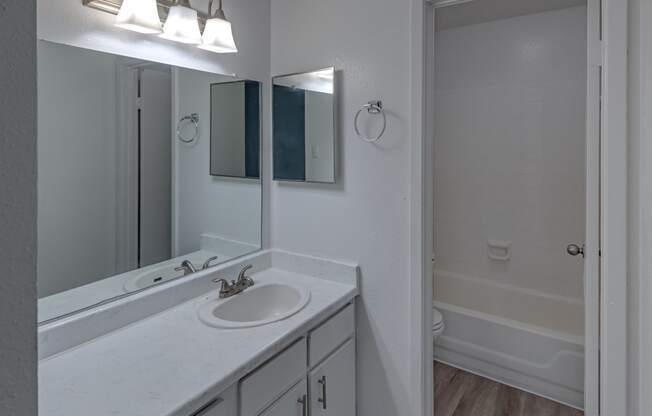 a bathroom with a sink and a mirror and a shower