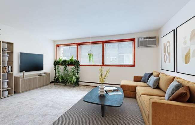 a living room with a brown couch and a coffee table