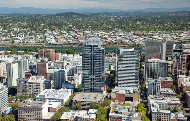 A cityscape with a mountain in the background.