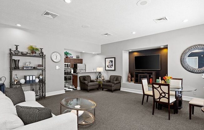 a living room with a couch and a table