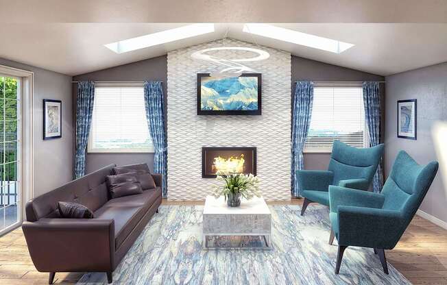 A living room with a fireplace and a painting on the wall.