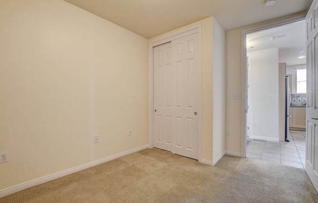 A white door is in a room with beige carpet.