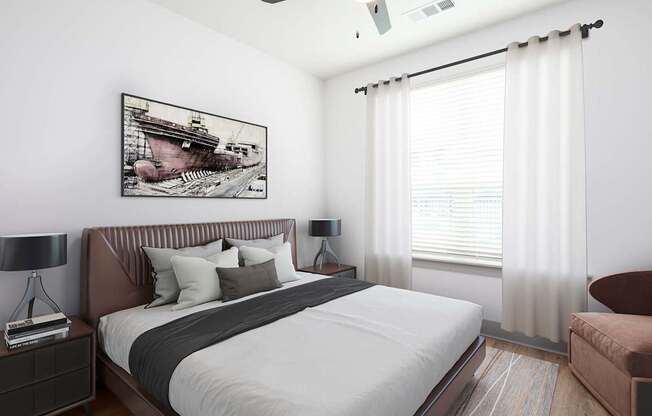 A bedroom with a large bed and a painting on the wall.